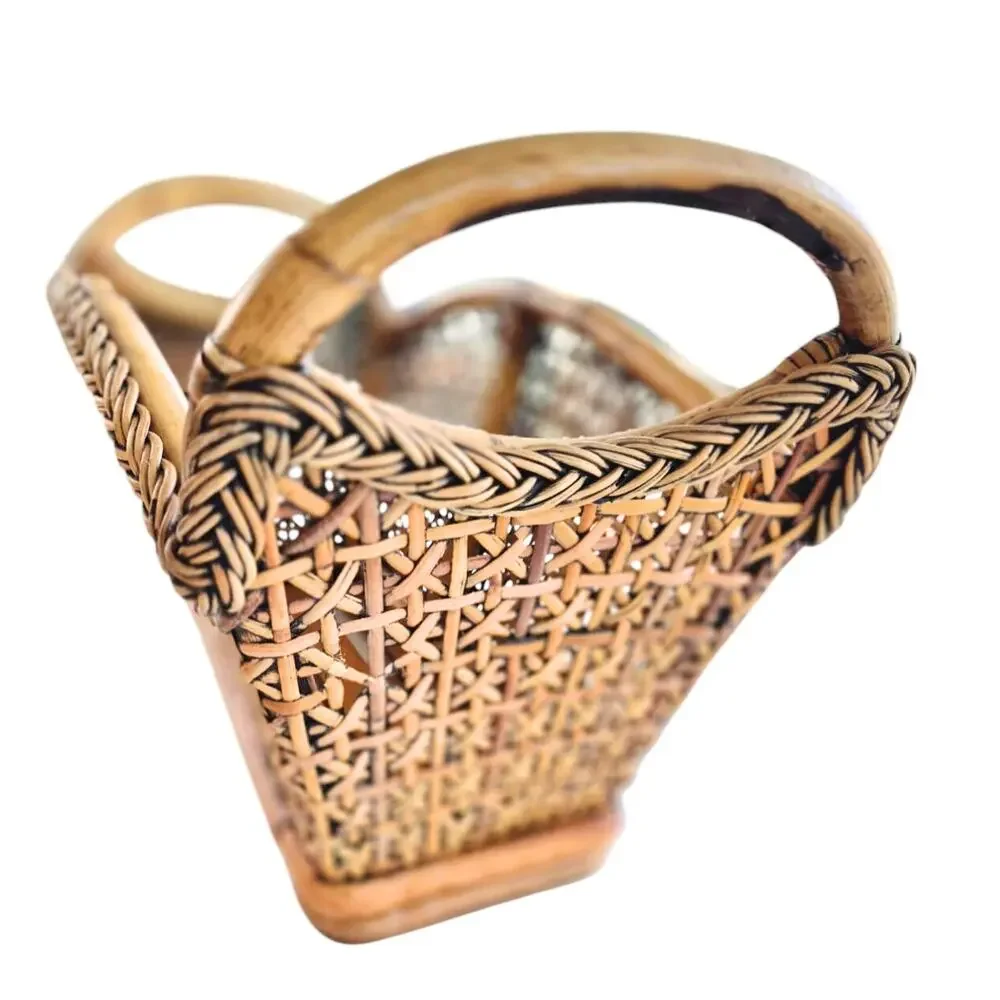 Vintage Rattan Woven Wicker Basket Magazine Rack 1960s Cottage Cabin Handles